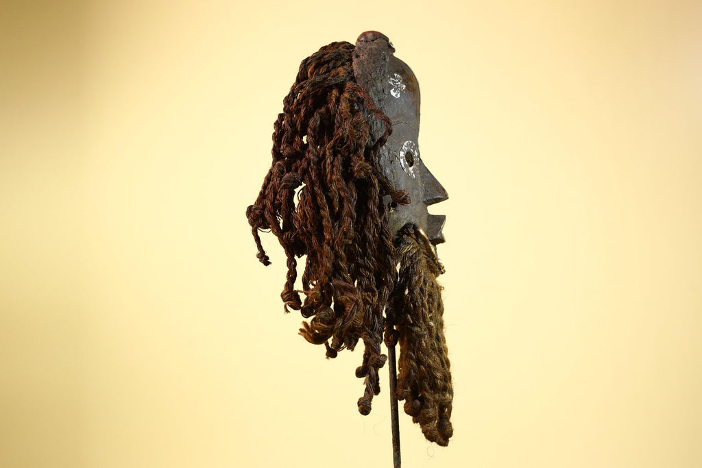 African Dan Gio Mask Wood Metal Inlay Fiber Hair Cowrie Tribal Liberia Art-G5992