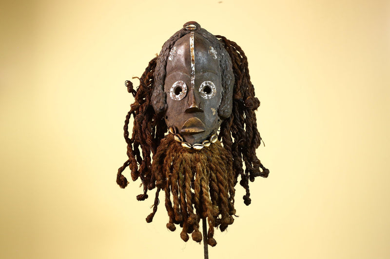 African Dan Gio Mask Wood Metal Inlay Fiber Hair Cowrie Tribal Liberia Art-G5992