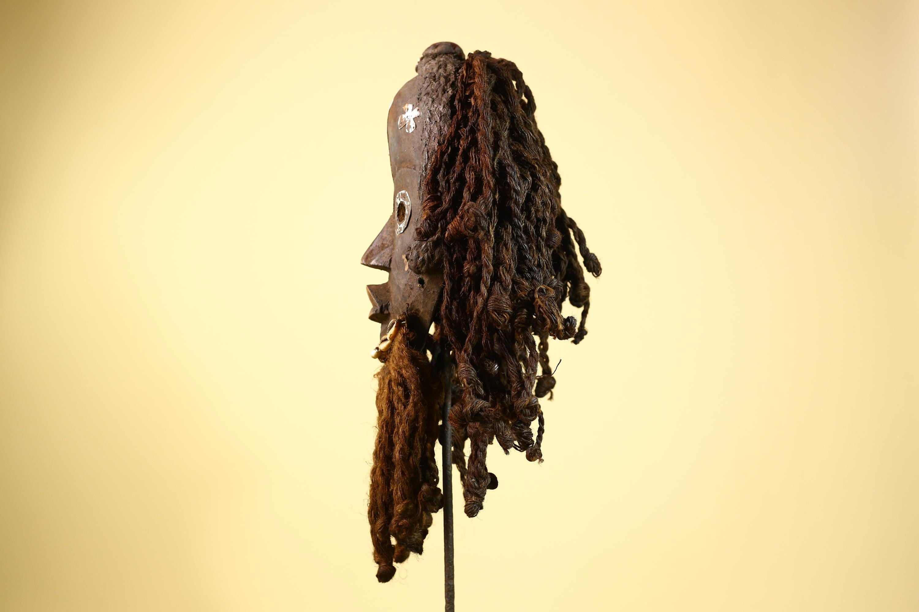 African Dan Gio Mask Wood Metal Inlay Fiber Hair Cowrie Tribal Liberia Art-G5992