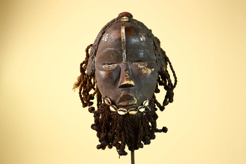 Antique Dan Deangle Mask Liberia Rope Beard Cowrie Shells Tribal Art-G5993