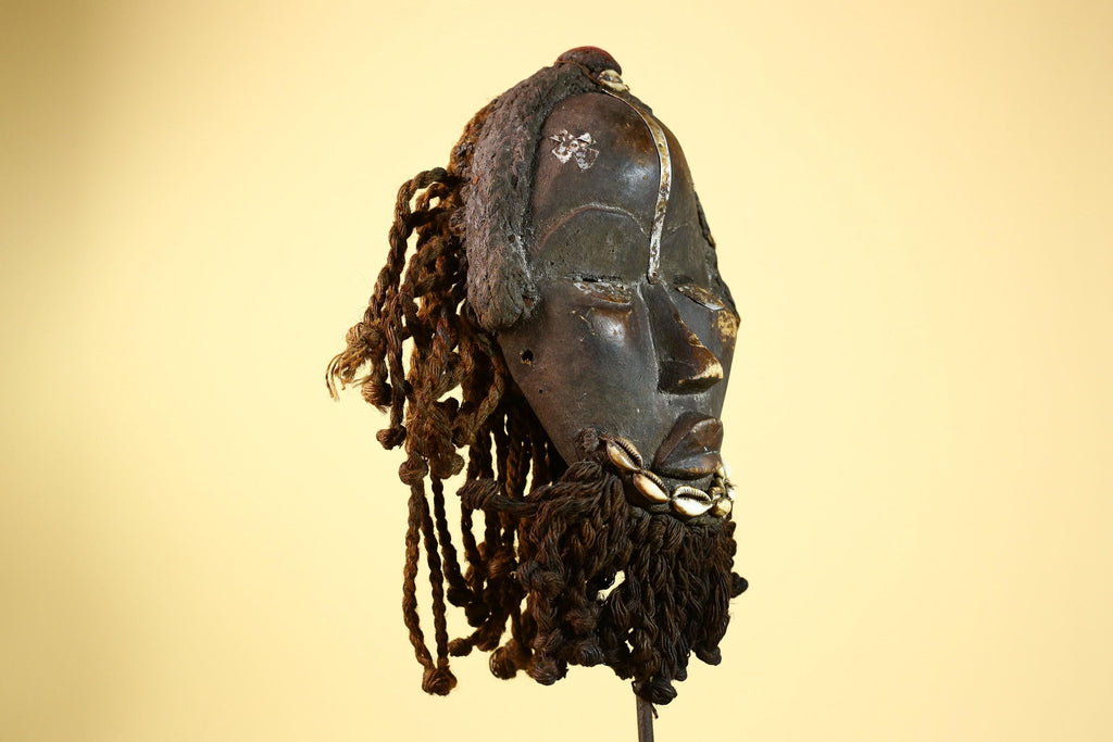 Antique Dan Deangle Mask Liberia Rope Beard Cowrie Shells Tribal Art-G5993