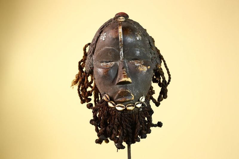 Antique Dan Deangle Mask Liberia Rope Beard Cowrie Shells Tribal Art-G5993
