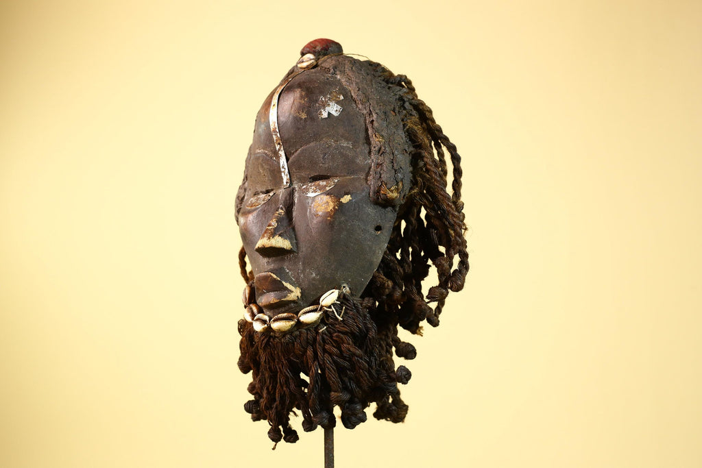 Antique Dan Deangle Mask Liberia Rope Beard Cowrie Shells Tribal Art-G5993