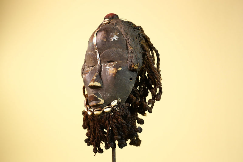 Antique Dan Deangle Mask Liberia Rope Beard Cowrie Shells Tribal Art-G5993