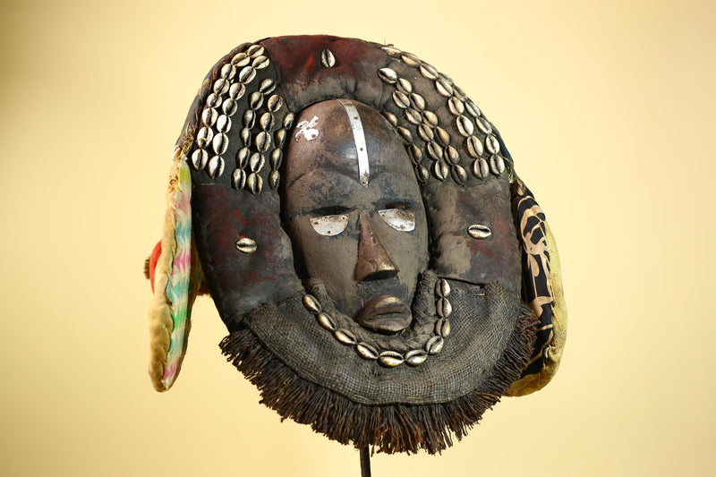 Authentic Dan Mask Cowrie Shells Textiles & Patina Liberia African Tribal -G5995