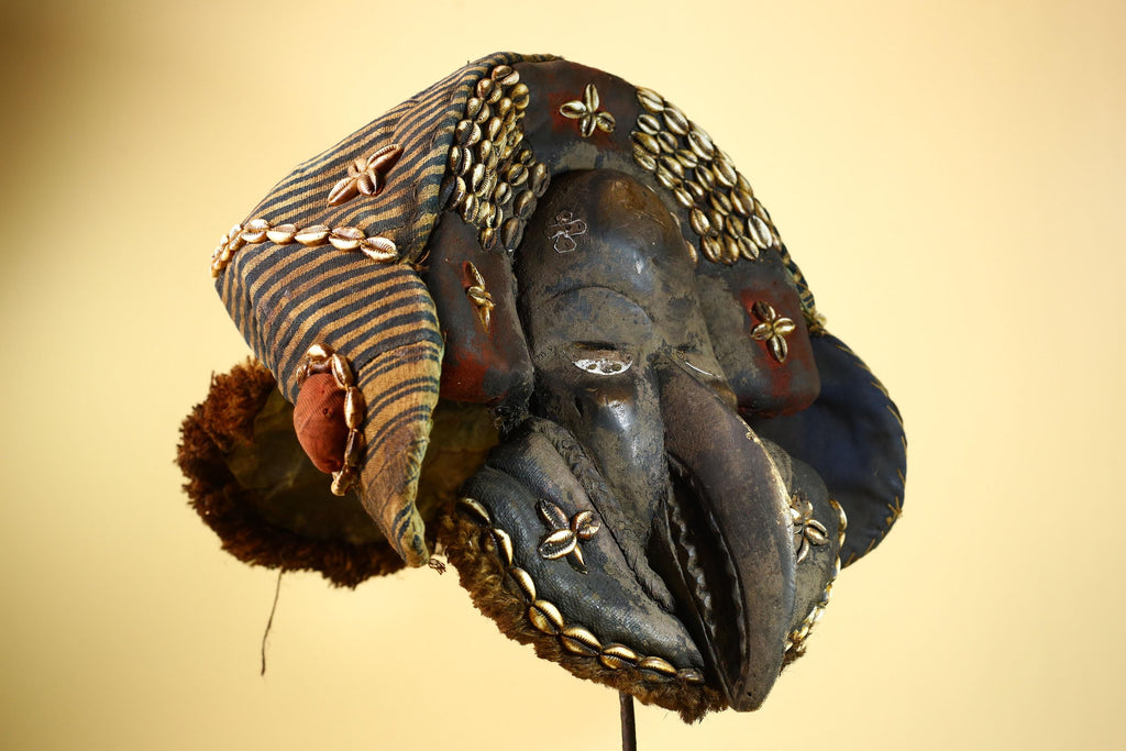 Authentic Dan Tribal Bird Mask Cowrie Shell Textile Liberia  African Art -G5996