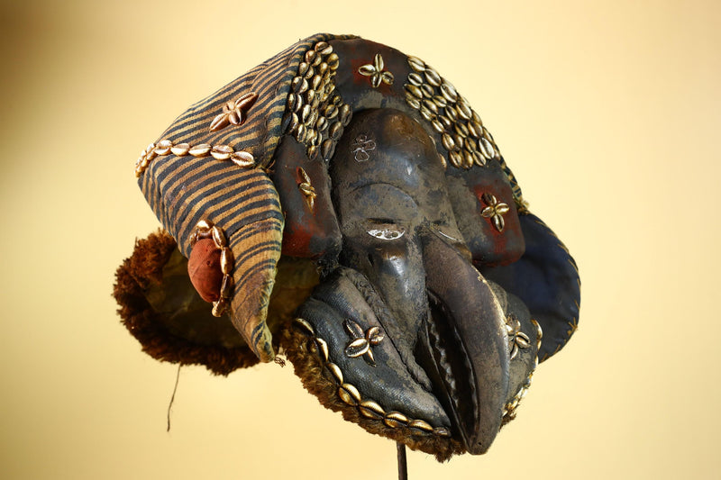 Authentic Dan Tribal Bird Mask Cowrie Shell Textile Liberia  African Art -G5996