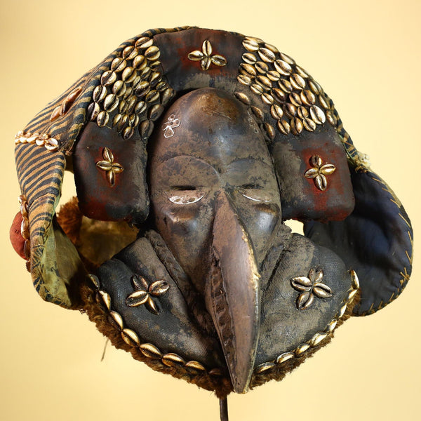 Authentic Dan Tribal Bird Mask Cowrie Shell Textile Liberia  African Art -G5996