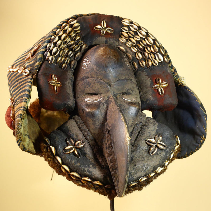 Authentic Dan Tribal Bird Mask Cowrie Shell Textile Liberia  African Art -G5996
