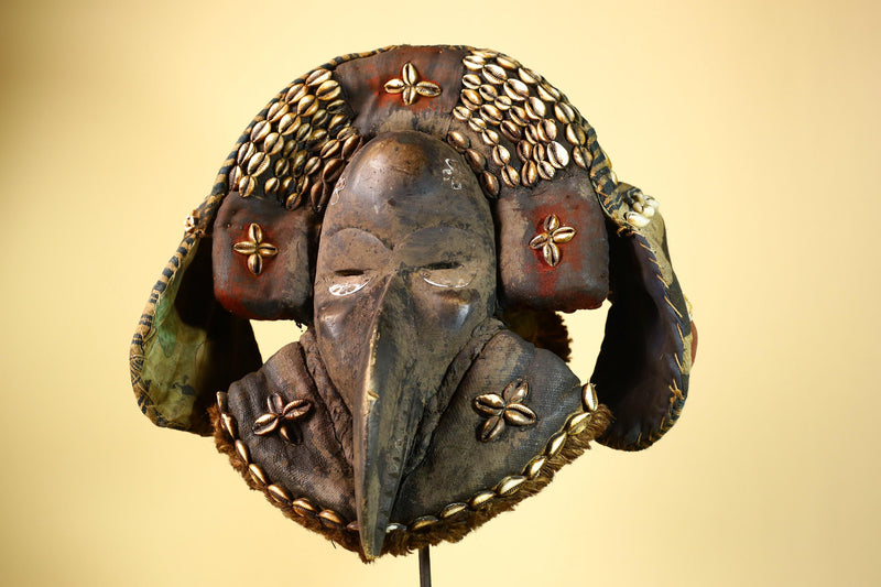 Authentic Dan Tribal Bird Mask Cowrie Shell Textile Liberia  African Art -G5996