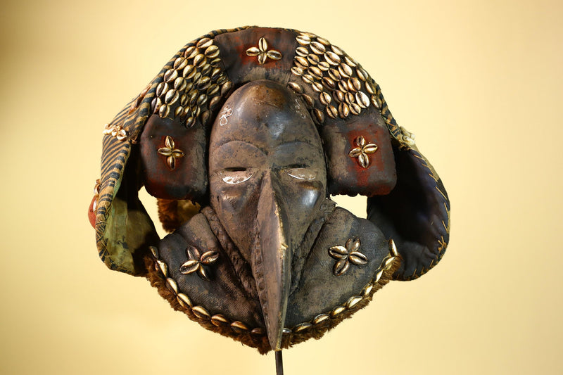 Authentic Dan Tribal Bird Mask Cowrie Shell Textile Liberia  African Art -G5996