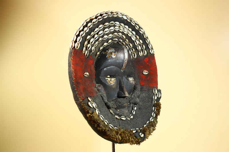 African Dan Tribal Mask Cowrie Shells Red Cloth Ceremonial Art Mask -G5997