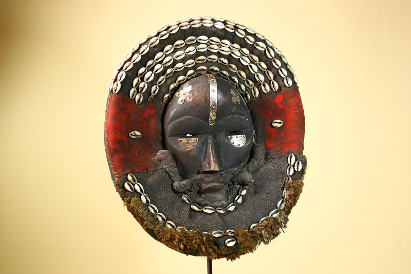 African Dan Tribal Mask Cowrie Shells Red Cloth Ceremonial Art Mask -G5997