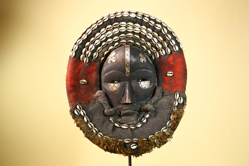 African Dan Tribal Mask Cowrie Shells Red Cloth Ceremonial Art Mask -G5997