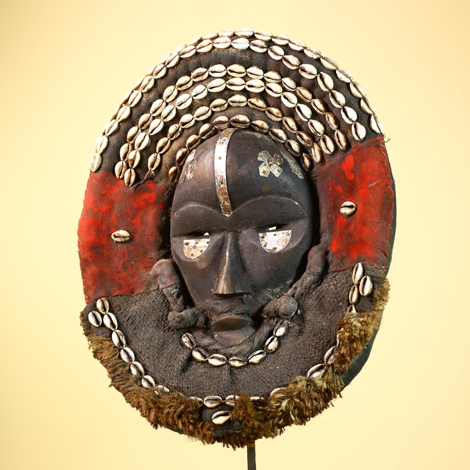 African Dan Tribal Mask Cowrie Shells Red Cloth Ceremonial Art Mask -G5997