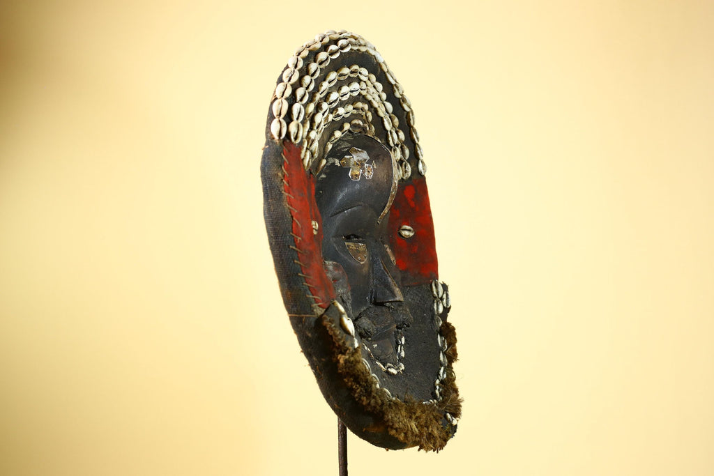 African Dan Tribal Mask Cowrie Shells Red Cloth Ceremonial Art Mask -G5997