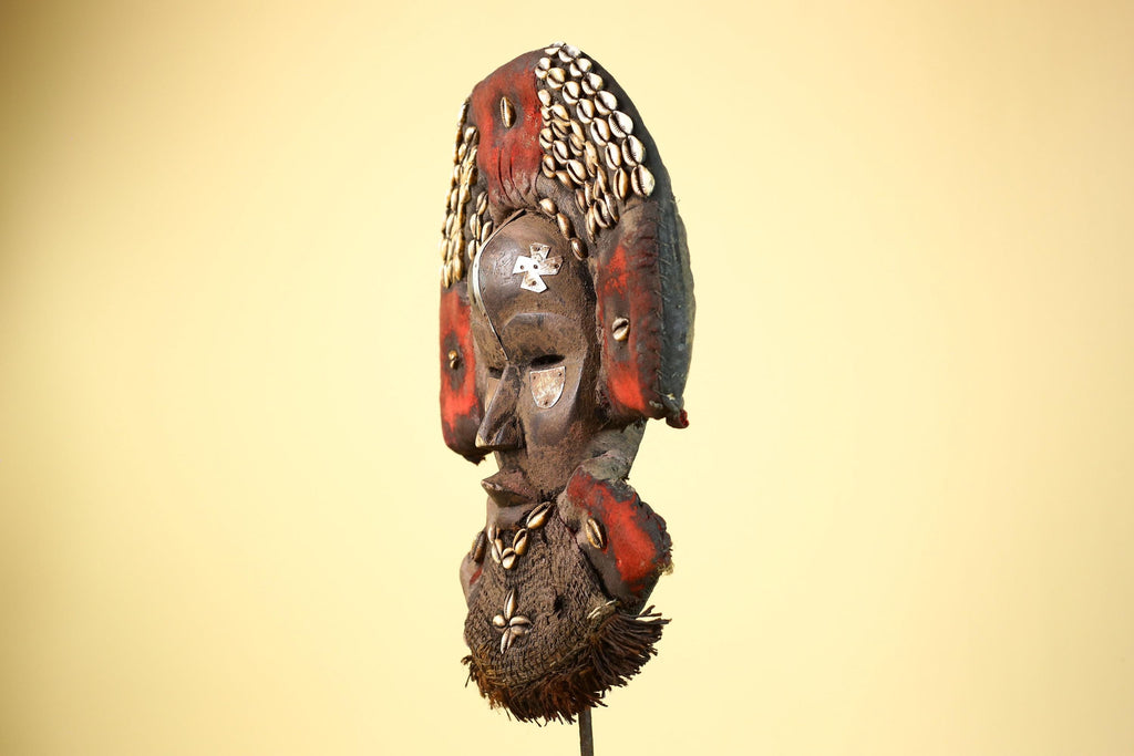 Vintage Dan African Tribal Mask Cowrie Shells Red Textile  Authentic Mask -G5998