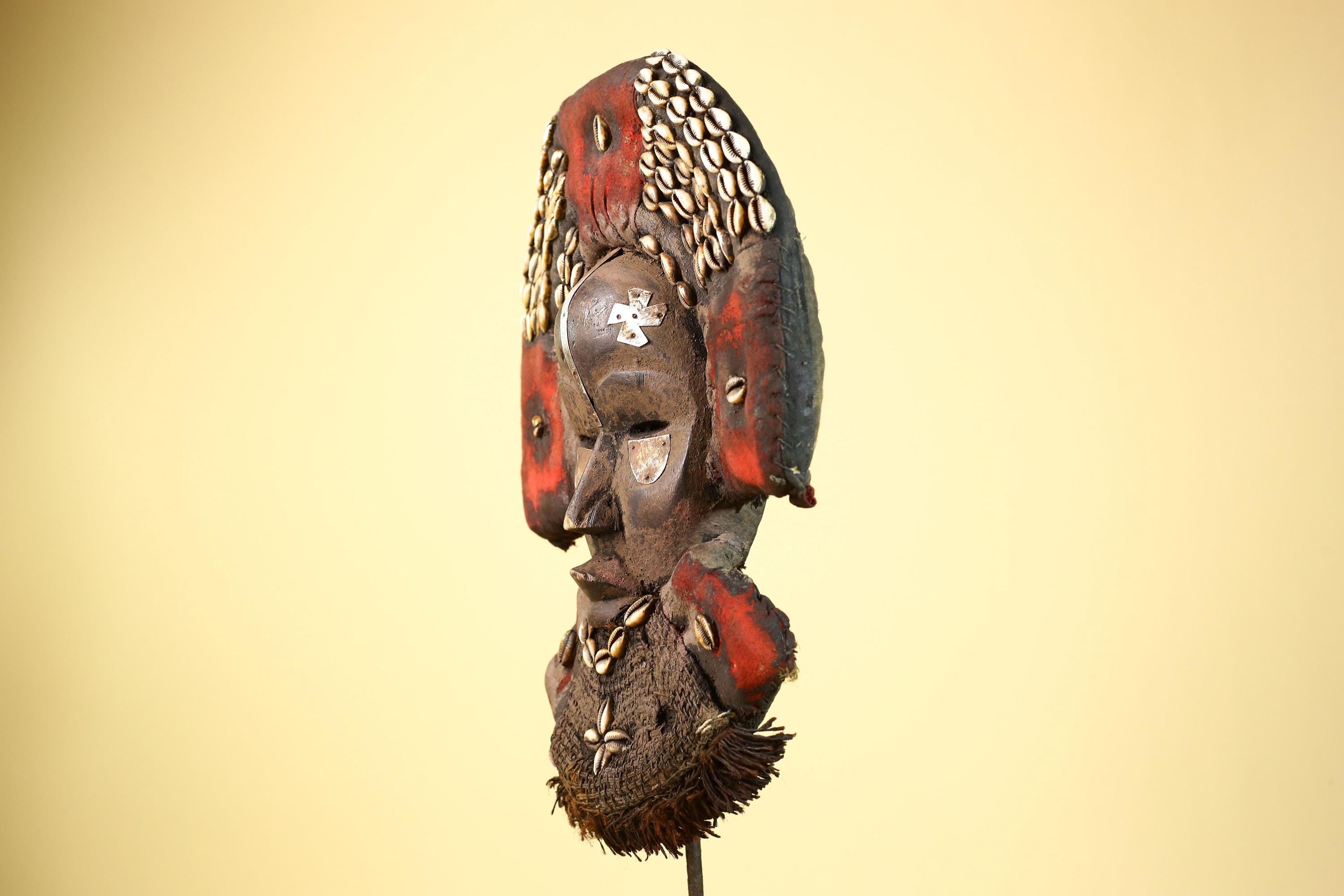 Vintage Dan African Tribal Mask Cowrie Shells Red Textile  Authentic Mask -G5998