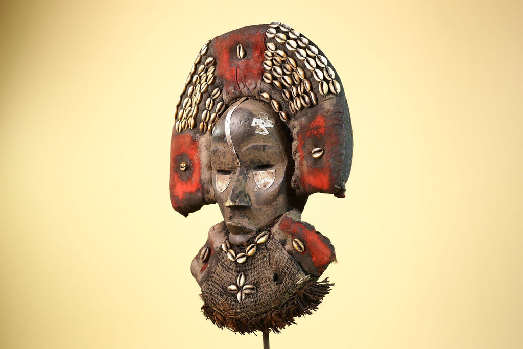 Vintage Dan African Tribal Mask Cowrie Shells Red Textile  Authentic Mask -G5998