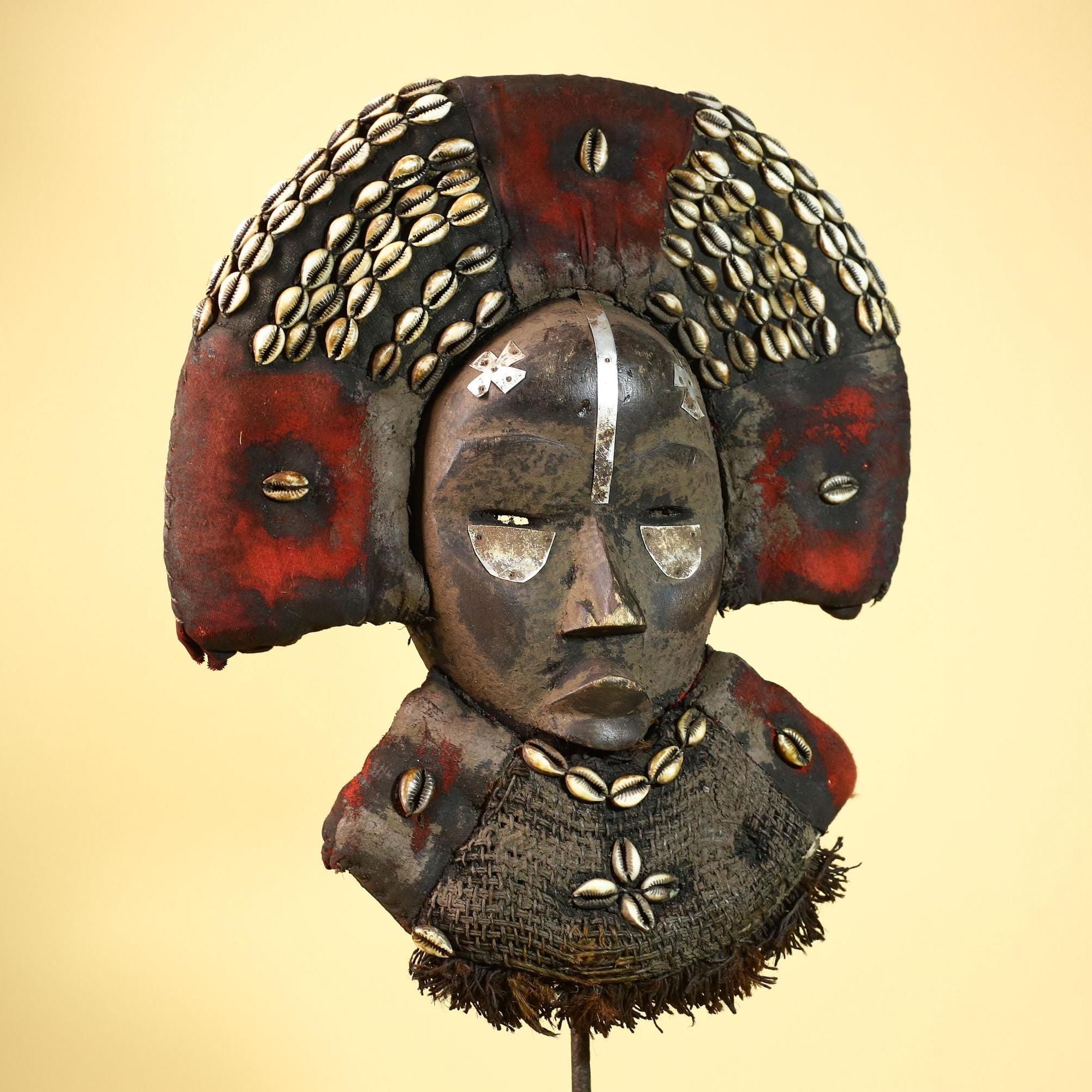 Vintage Dan African Tribal Mask Cowrie Shells Red Textile  Authentic Mask -G5998