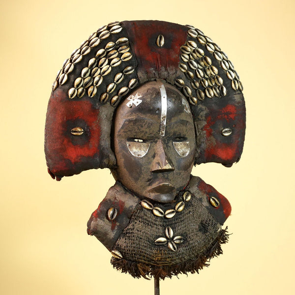 Vintage Dan African Tribal Mask Cowrie Shells Red Textile  Authentic Mask -G5998