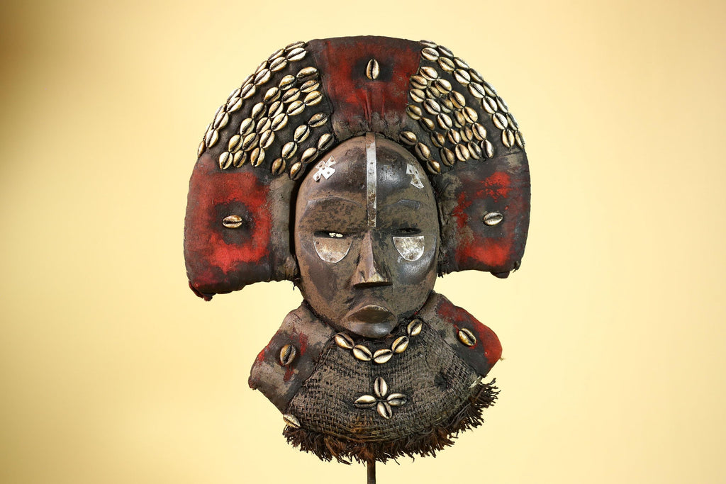 Vintage Dan African Tribal Mask Cowrie Shells Red Textile  Authentic Mask -G5998