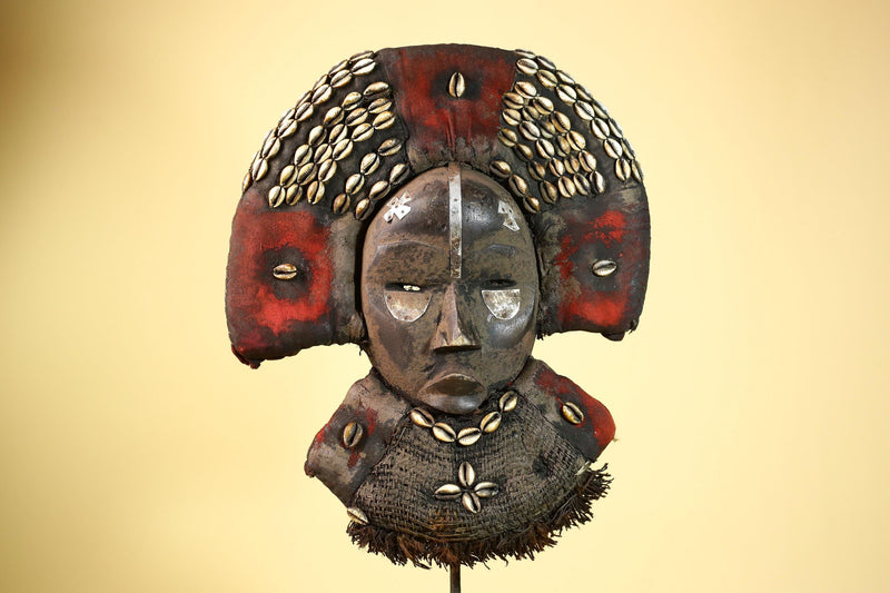 Vintage Dan African Tribal Mask Cowrie Shells Red Textile  Authentic Mask -G5998