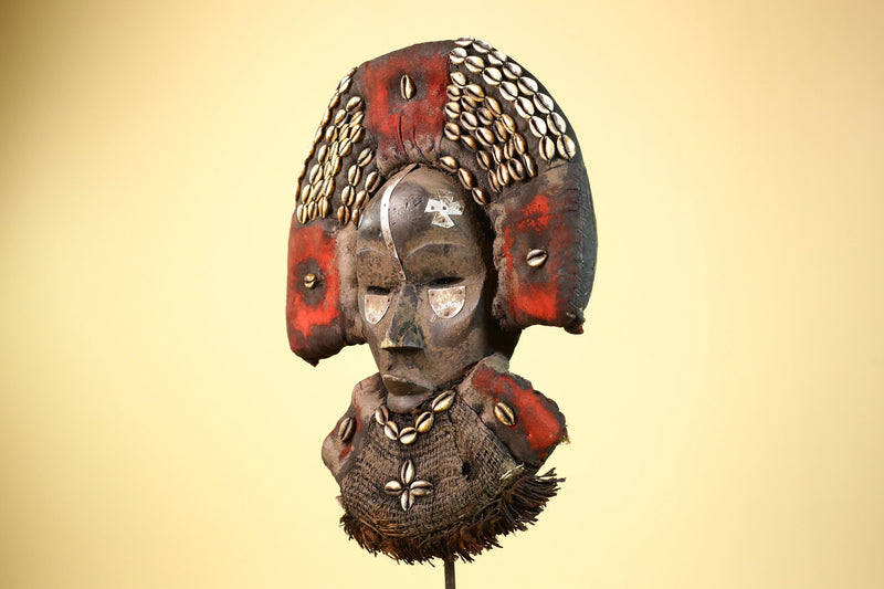 Vintage Dan African Tribal Mask Cowrie Shells Red Textile  Authentic Mask -G5998
