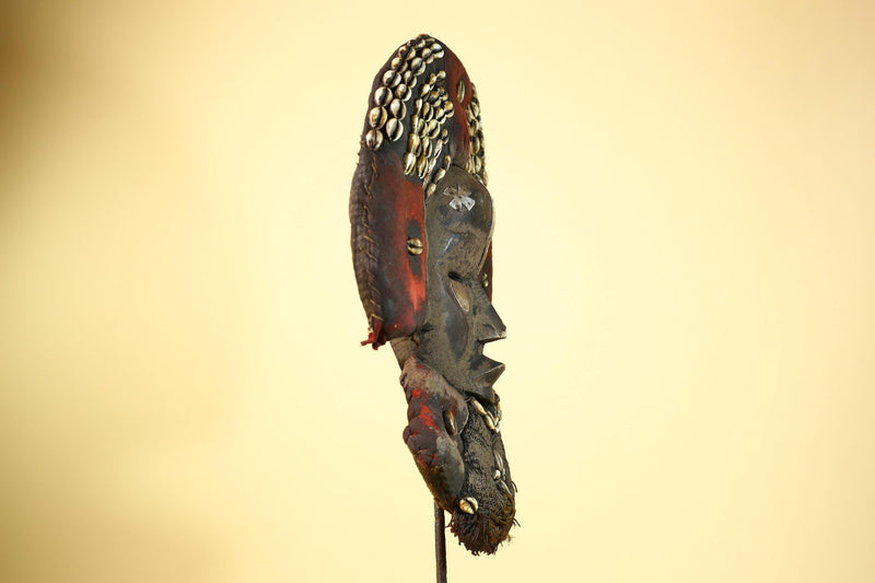 Vintage Dan African Tribal Mask Cowrie Shells Red Textile  Authentic Mask -G5998
