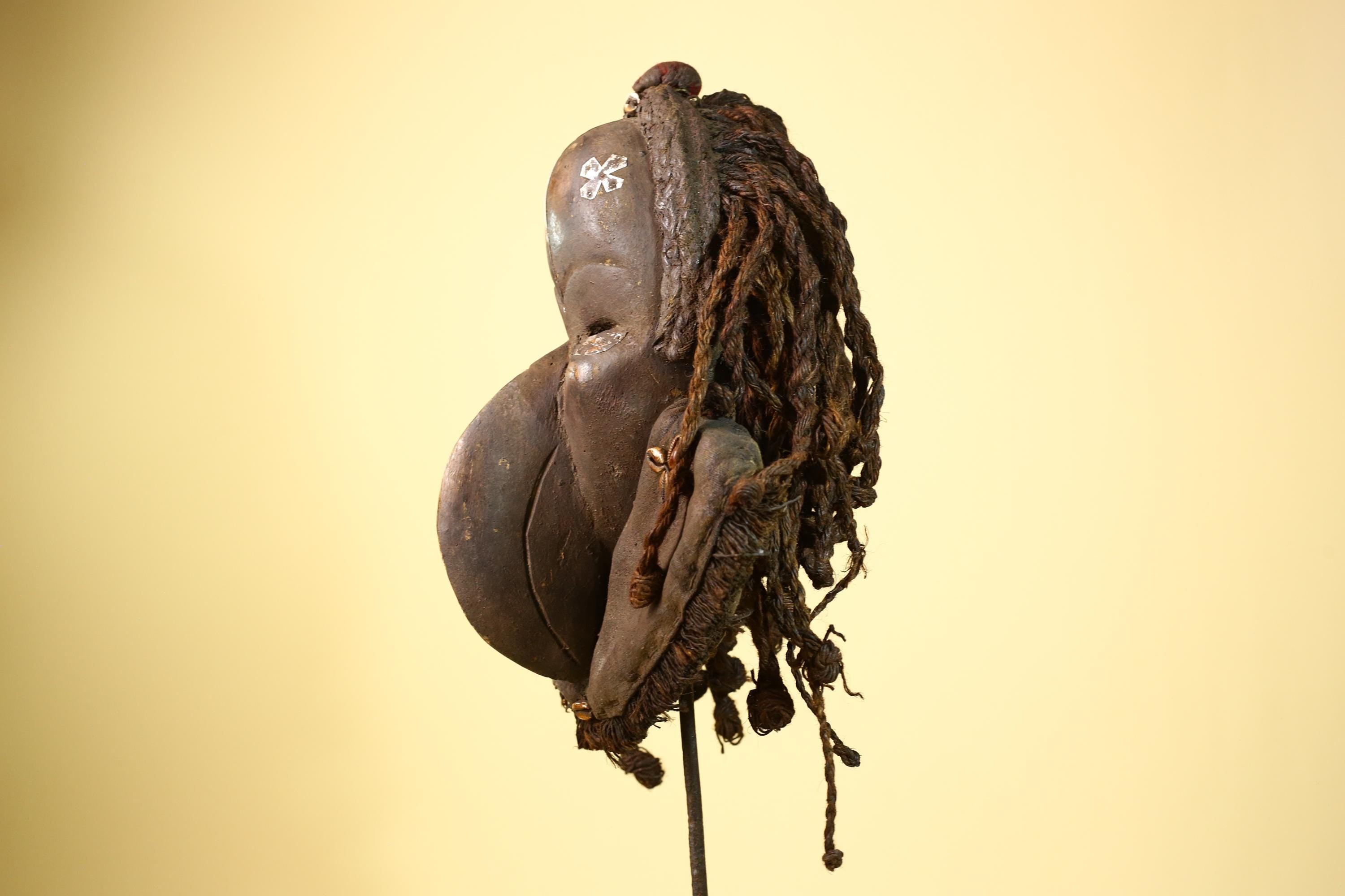 African Vintage Dan Mask Côte d'Ivoire Tribal Art Wood Braids Cowrie Decor -G5999