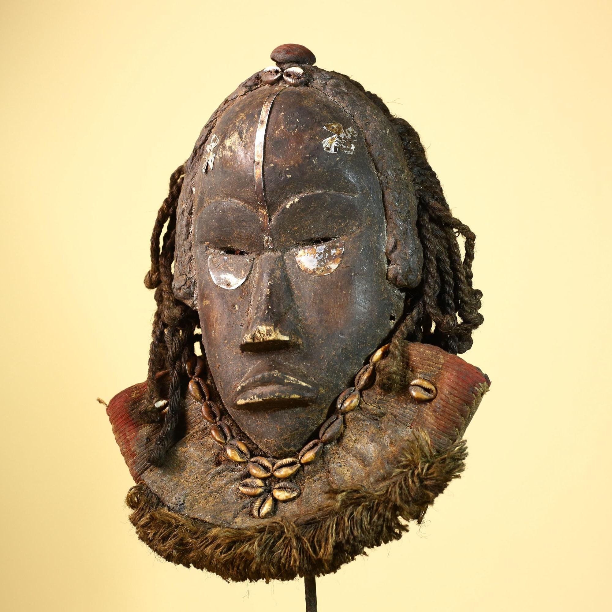Vintage Dan Mask African Tribal Art Côte d'Ivoire Carved Wood Cowrie Decor -G6000