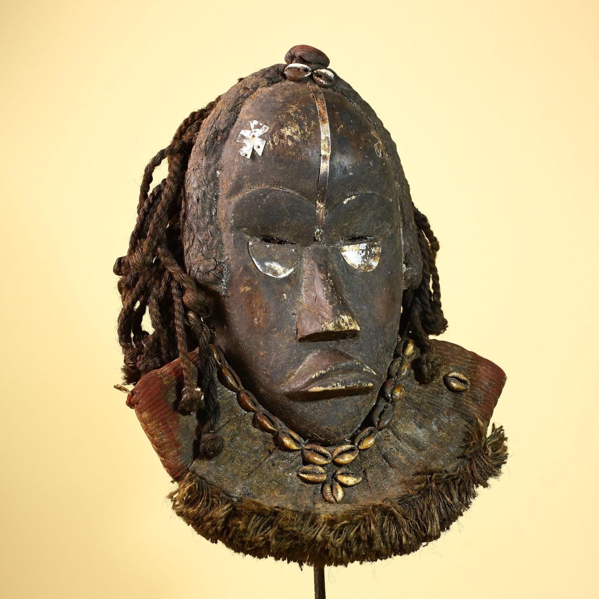 Vintage Dan Mask African Tribal Art Côte d'Ivoire Carved Wood Cowrie Decor -G6000