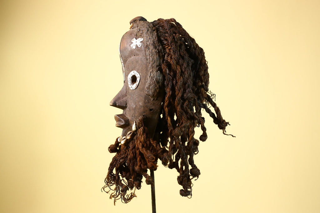 African Vintage Dan Mask with Metal Eyes Cowrie Braided Hair  Tribal Art -G6002