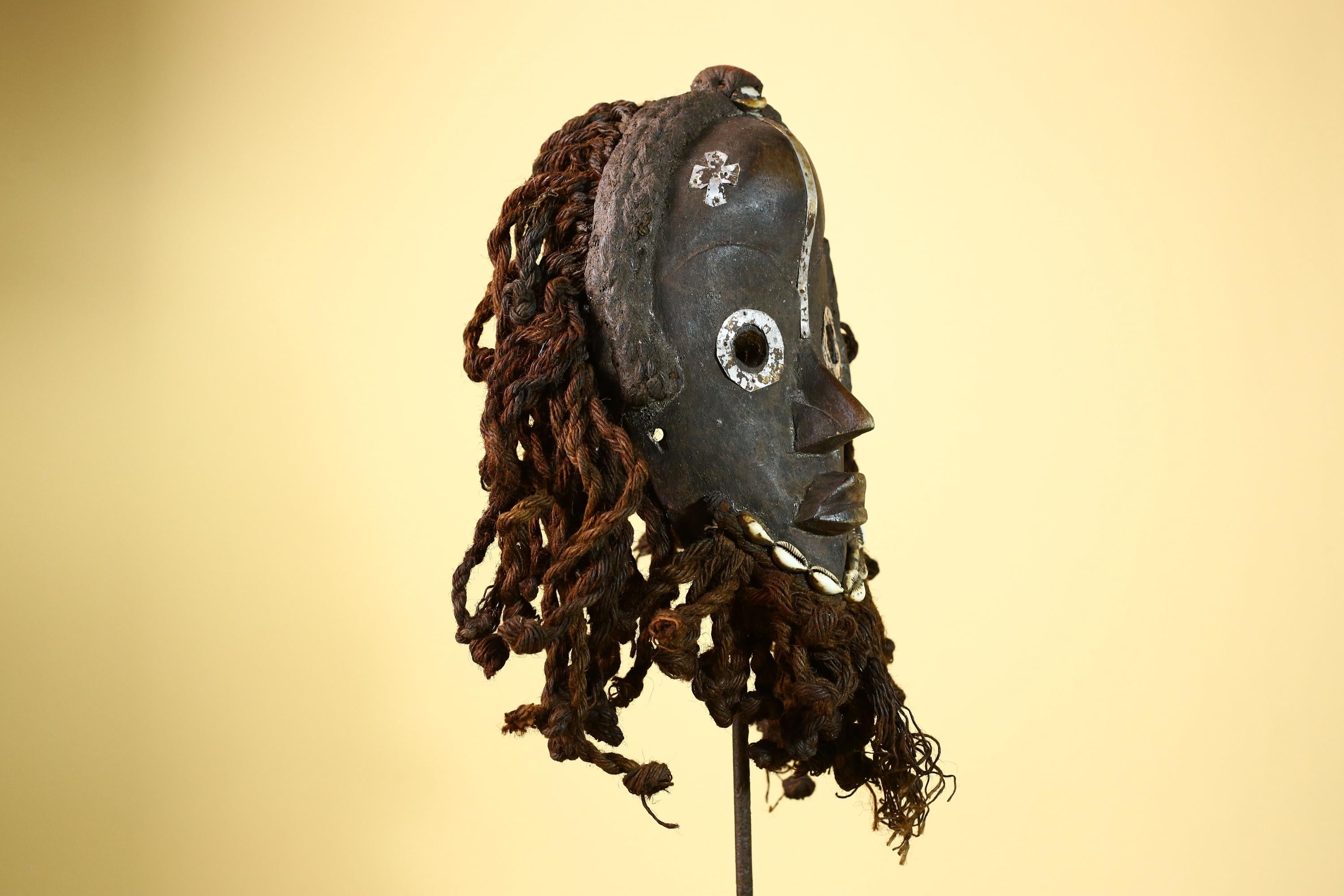 African Vintage Dan Mask with Metal Eyes Cowrie Braided Hair  Tribal Art -G6002