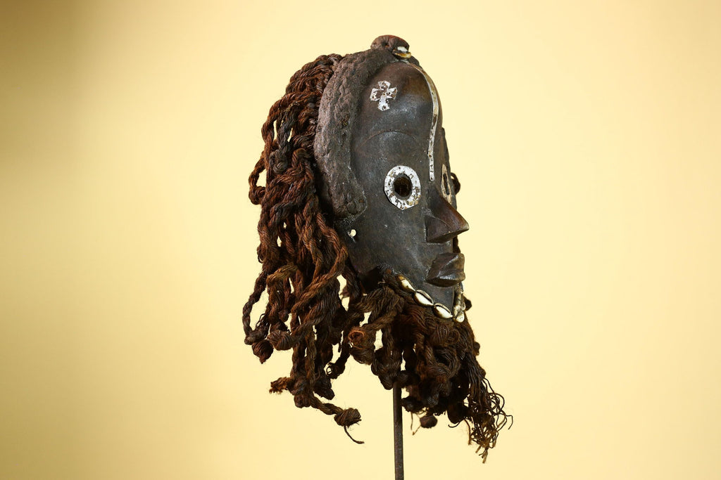 African Vintage Dan Mask with Metal Eyes Cowrie Braided Hair  Tribal Art -G6002