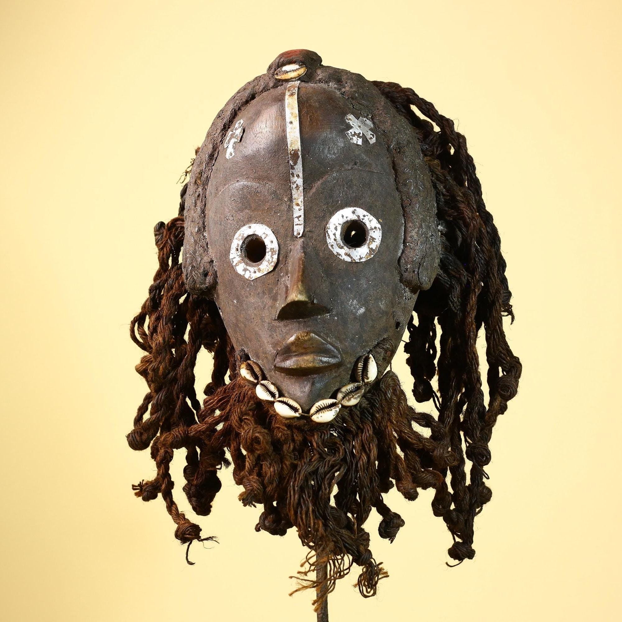 African Vintage Dan Mask with Metal Eyes Cowrie Braided Hair  Tribal Art -G6002