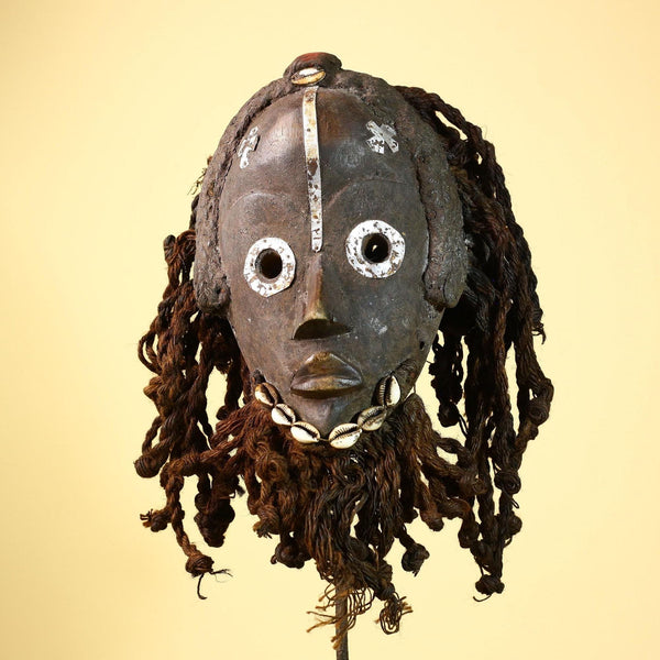 African Vintage Dan Mask with Metal Eyes Cowrie Braided Hair  Tribal Art -G6002