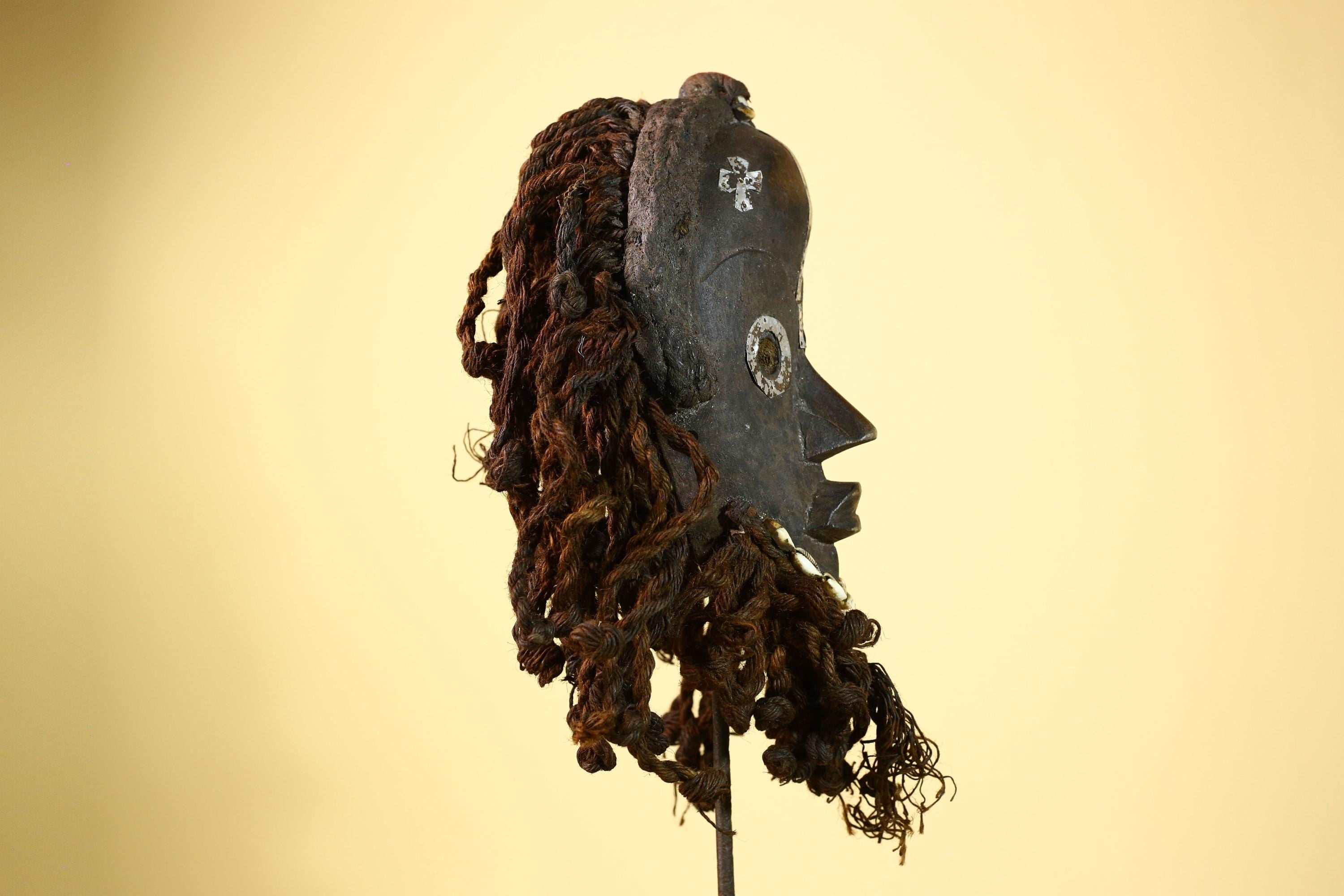 African Vintage Dan Mask with Metal Eyes Cowrie Braided Hair  Tribal Art -G6002