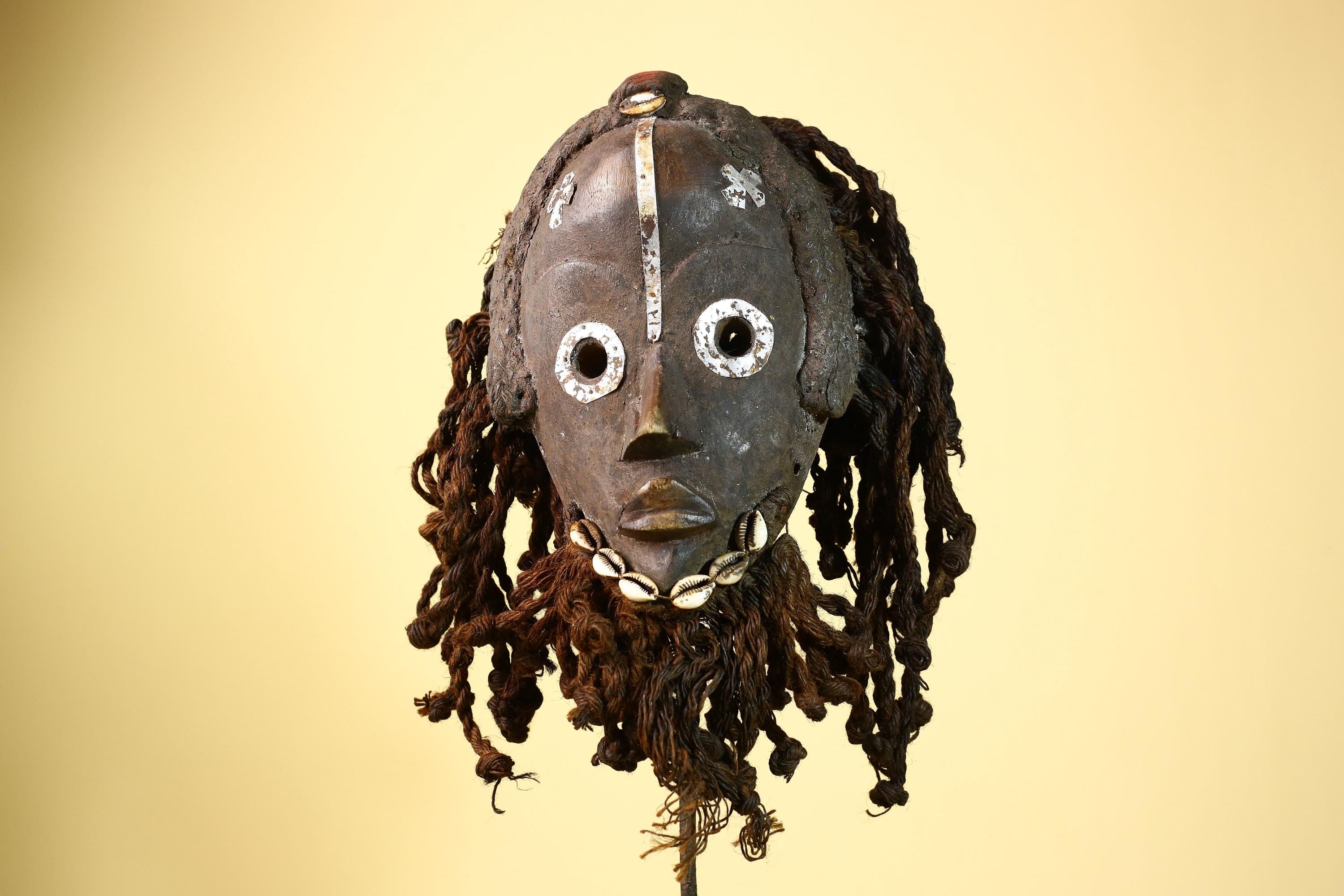 African Vintage Dan Mask with Metal Eyes Cowrie Braided Hair  Tribal Art -G6002