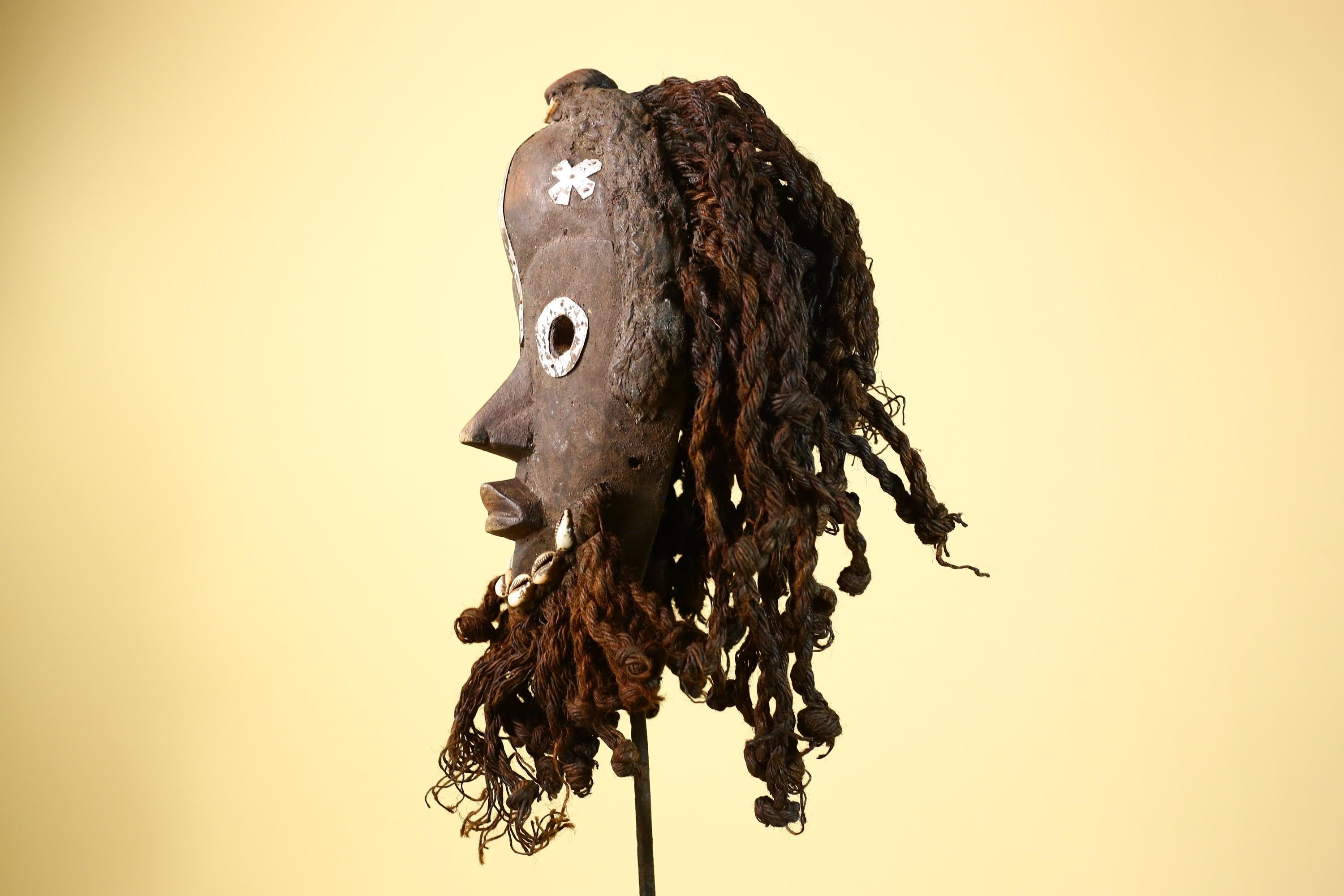 African Vintage Dan Mask with Metal Eyes Cowrie Braided Hair  Tribal Art -G6002