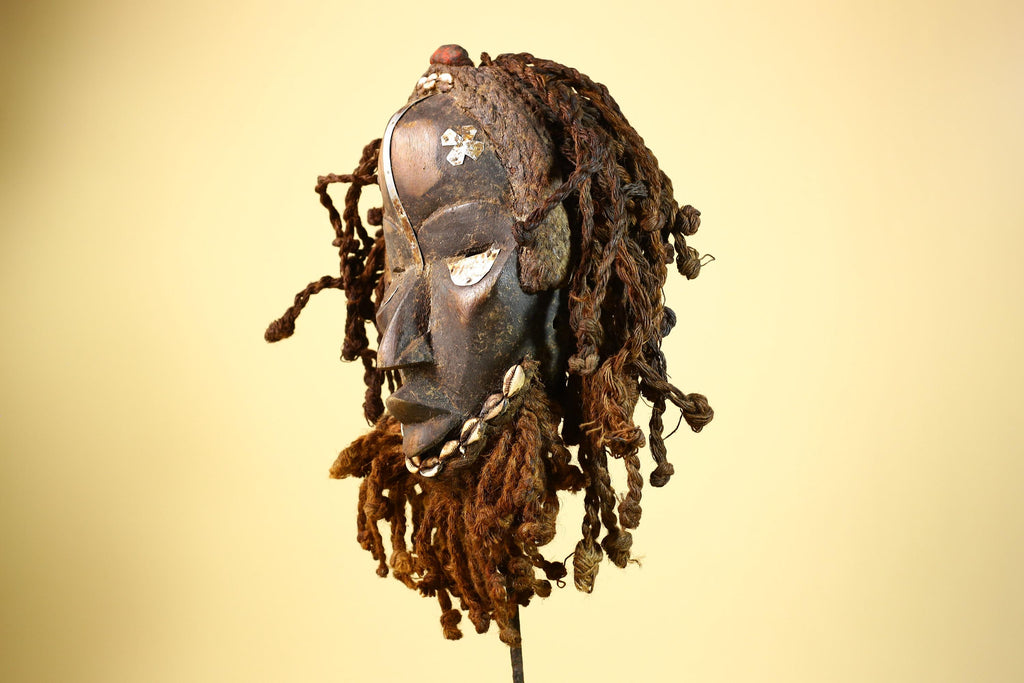 African Vintage Dan Mask Côte d'Ivoire Tribal Art With Cowrie & Braided  -G6003