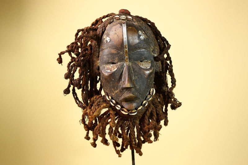 African Vintage Dan Mask Côte d'Ivoire Tribal Art With Cowrie & Braided  -G6003