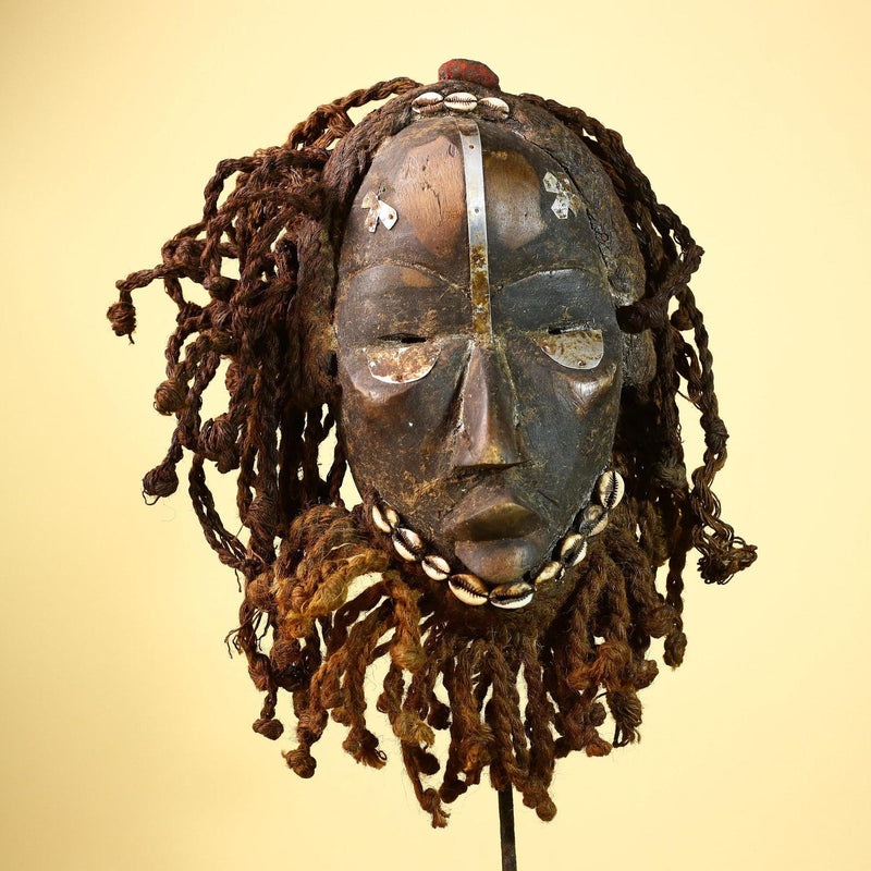 African Vintage Dan Mask Côte d'Ivoire Tribal Art With Cowrie & Braided  -G6003
