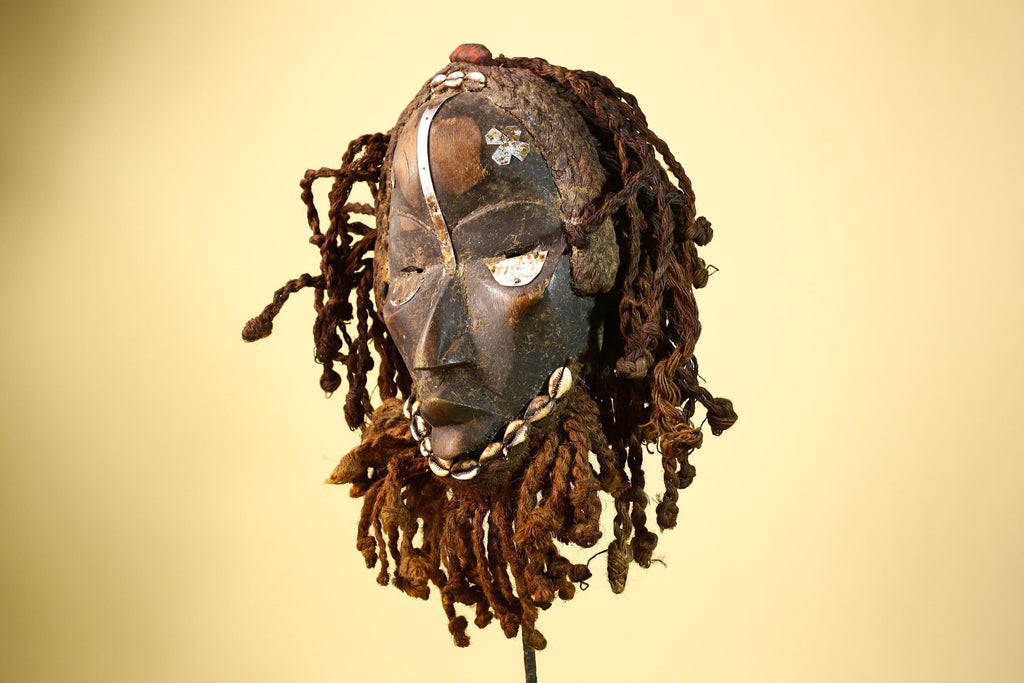 African Vintage Dan Mask Côte d'Ivoire Tribal Art With Cowrie & Braided  -G6003