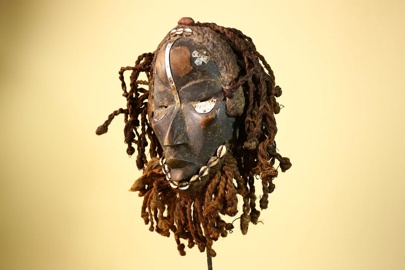 African Vintage Dan Mask Côte d'Ivoire Tribal Art With Cowrie & Braided  -G6003