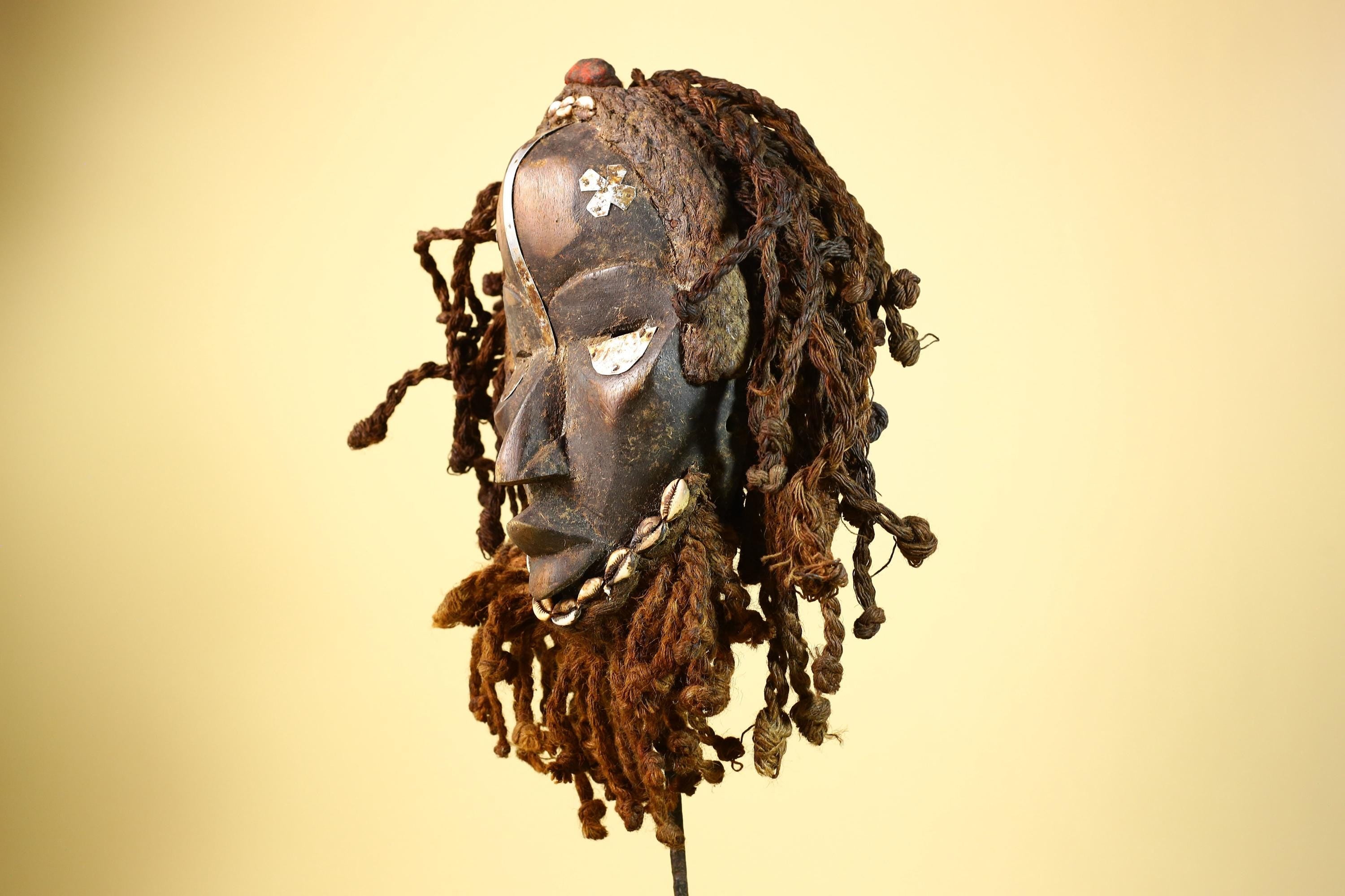 African Vintage Dan Mask Côte d'Ivoire Tribal Art With Cowrie & Braided  -G6003