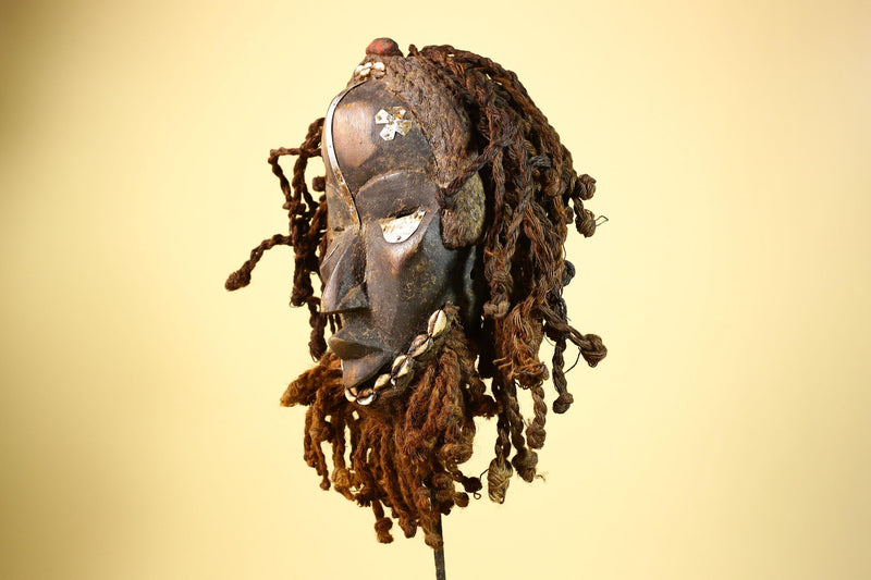 African Vintage Dan Mask Côte d'Ivoire Tribal Art With Cowrie & Braided  -G6003