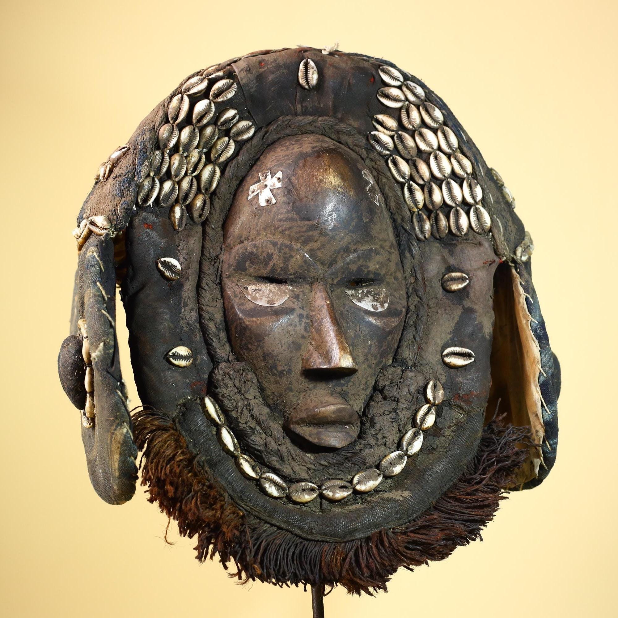 Vintage Dan Cowrie Shell Ceremonial African Tribal Mask Hand-Carved Wood-G6004