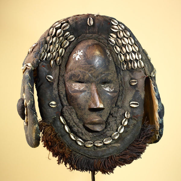 Vintage Dan Cowrie Shell Ceremonial African Tribal Mask Hand-Carved Wood-G6004