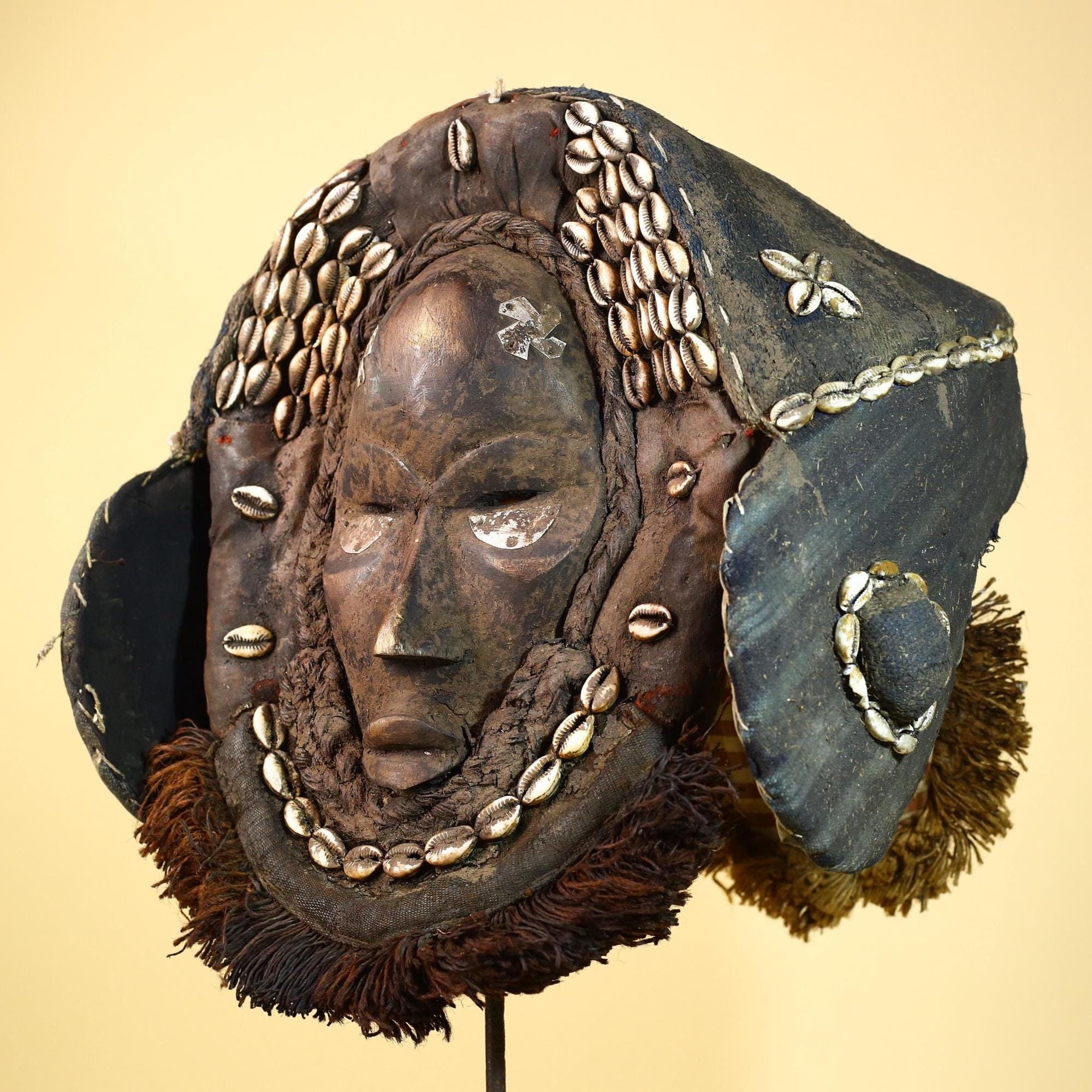 Vintage Dan Cowrie Shell Ceremonial African Tribal Mask Hand-Carved Wood-G6004